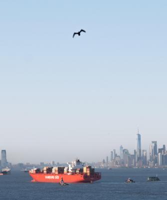 Photo: Karatzas Images, containership entering New York Harbor